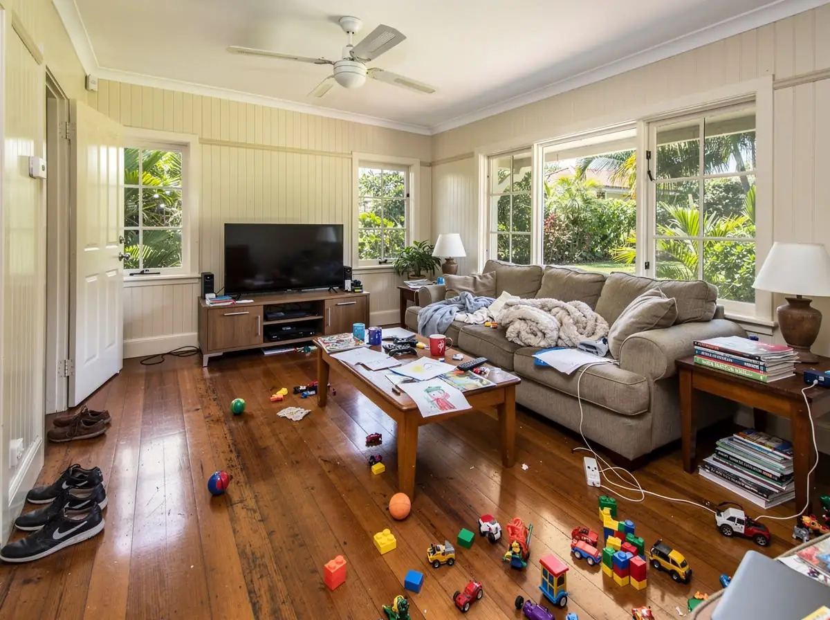 Before: living room scattered with toys and family clutter