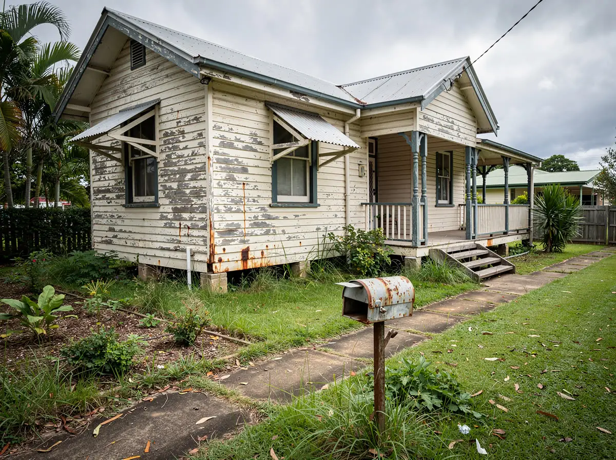 Before: weathered Queenslander with peeling paint and overgrown garden